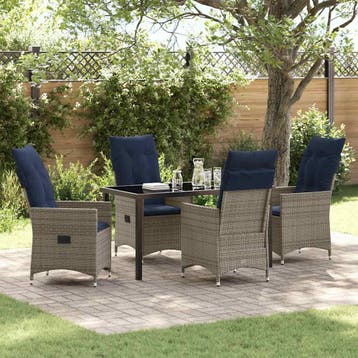 vidaXL Tafel en stoelen set met kussen 5 pcs Grijs PE Rattan, Verzenden, Nieuw, 5 zitplaatsen