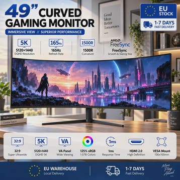 Crua 49" Curved Gaming Monitor 1500R Ultra Wide 5K 165Hz DQH, Verzenden, Nieuw