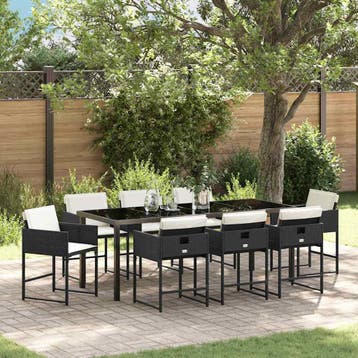vidaXL Tuin eettafelset met kussen 9 pcs Zwart poly rattan, Verzenden, Nieuw, Rotan, Meer dan 8 zitplaatsen