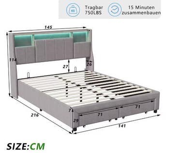 Gestoffeerd Tweepersoonsbed met LED, USB en Lades, Verzenden, Nieuw