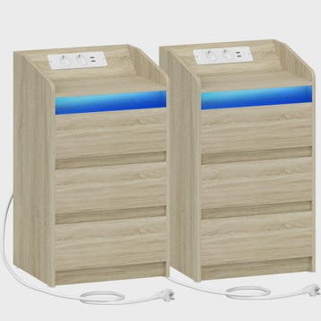 Set van 2 Eiken Nachtkastjes met Laadstation, LED Verlichtin, Verzenden, Nieuw