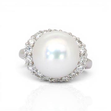 Ring - 18 karaat Witgoud - 13.11ct. tw. Parel - Diamant -, Nieuw
