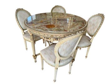 Tafel (5) - Hout - met stoelen - piano in onyx, Antiek en Kunst