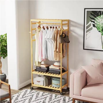 Rollend Bamboe Kledingrek – Open Kast met Stang en 4 Haken, Huis en Inrichting, Woonaccessoires | Kapstokken, Verzenden, Nieuw