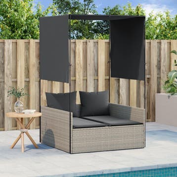 vidaXL Ligbed tweepersoons met dak en gordijn poly rattan, Tuin en Terras, Verzenden, Nieuw