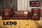 Engelse Chesterfield bankenset, 3-zitsbank + 2 fauteuils, Ophalen of Verzenden, Zo goed als nieuw, Leer, Chesterfield