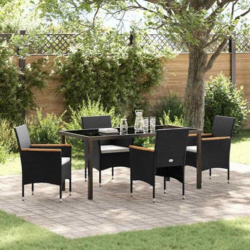 vidaXL Tuin eettafelset met kussen 5 pcs Zwart poly rattan, Verzenden, Nieuw, Rotan, 5 zitplaatsen