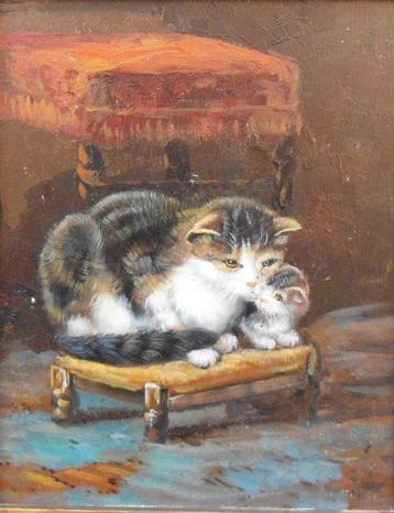 Hollandse school (XX) - Moeder poes met kitten, Antiek en Kunst