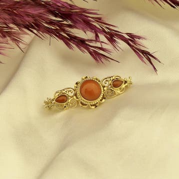 Antiek gouden broche met bloedkoraal, Gebruikt, Overige kleuren, Ophalen of Verzenden, Met edelsteen
