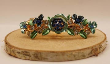 Haarclip met blauw, groen rozen met groen bladeren, Verzenden, Nieuw, Haarspeld
