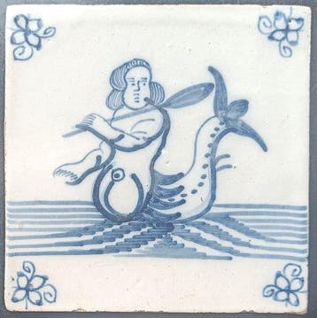 Antiek Tegel - Zeemeermin met spiegel - Delft,