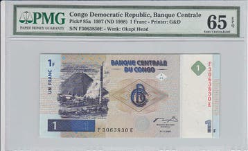 1997 Congo Democratic Republic 1 Franc Pick 85a Pmg Gem U..., Verzenden