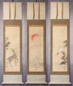 Hanging Scroll (Kakejiku) - Pigeon, Rising Sun, and Deer -