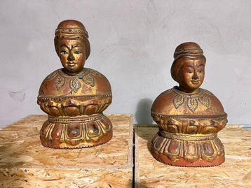 Paar houten vergulde tempelfiguren – 34 cm - Myanmar -
