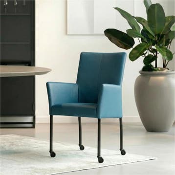 Set van 6 Leren eetkamerstoelen Comfort met wieltjes en, Ophalen of Verzenden, Nieuw, Leer
