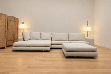 NIEUW Minotti Hamilton Hoekbank + Hocker Ecru + GARANTIE, Hoekbank, Ophalen of Verzenden, Vierpersoons of meer, Design Bank Bankstel Zetel Hoekbank Minotti