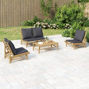 vidaXL 4-delige Loungeset met kussens bamboe donkergrijs, Verzenden, Nieuw, Hout, Loungeset