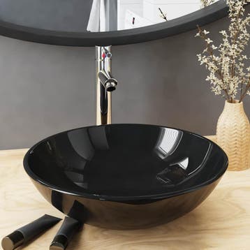 vidaXL Wastafel met kraan en pop-up afvoer gehard glas zwart, Verzenden, Nieuw