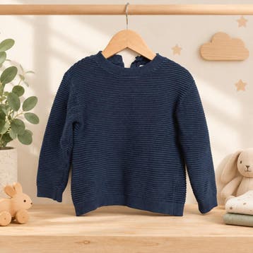 MNG marineblauwe geribbelde kindertrui maat 104, Gebruikt, Trui of Vest, Ophalen of Verzenden, Jongen of Meisje