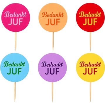 Taarttopper Bedankt Juf Assortiment 7cm 6st., Verzenden, Nieuw