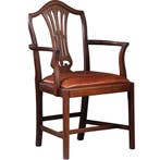 Stel van 2 armstoelen bureaustoelen met bruin leer ca 1900 G, Ophalen of Verzenden