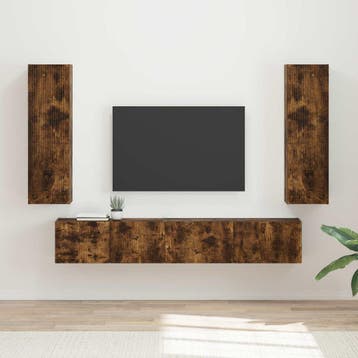 vidaXL Tv-meubelset 3 st Gerookt eiken Bewerkt hout, Minder dan 50 cm, Verzenden, 100 tot 150 cm, Nieuw