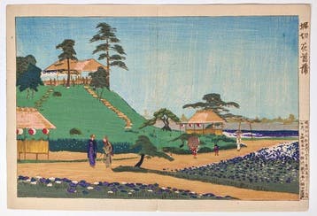 KIYOCHIKA. Irisentuin bij Horikiri. Ksen-ga Tokio-serie