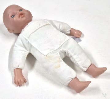 Vintage Lissi Bätz babypop met zacht lijf en blauwe ogen, Verzenden, Gebruikt
