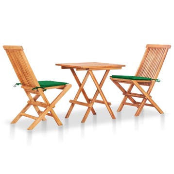 vidaXL 3-delige Bistroset met groene kussens massief, Verzenden, Nieuw, Teakhout, 3 zitplaatsen