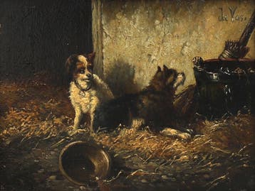 Vincent de Vos (1829-1875), Twee honden in de stal, Antiek en Kunst