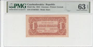 1944 Czechoslovakia 1 Koruna Pick 45a Pmg 63 Epq, Verzenden