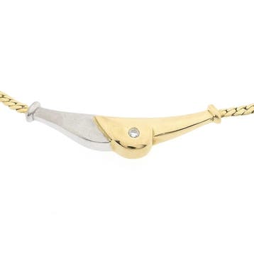 Bicolor gouden collier met vaste hanger en diamant; 0,06 ct., Gebruikt, Ophalen of Verzenden, Met edelsteen, Goud