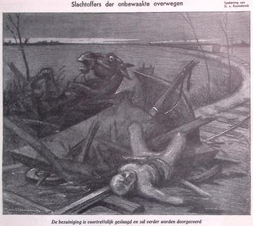 Aanrijding bij onbewaakte spoorovergang op spotprent, Antiek en Kunst, Verzenden