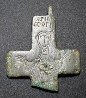 Byzantijns Brons Mooi fragment van een reliek-kruis met een