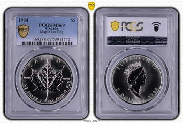 Canada 1 oz Maple Leaf 1994 PCGS MS69 gecertificeerd, Verzenden, Noord-Amerika, Losse munt, Zilver