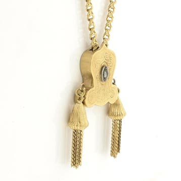 Antiek gouden schuifketting met kwastjes en diamant; ca...., Gebruikt, Ophalen of Verzenden, Met edelsteen, Goud