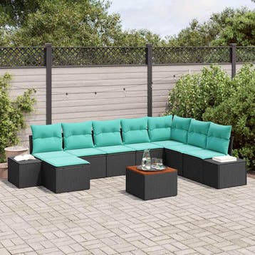 vidaXL Tuin Sofa Set 9 st Zwart en turquoise, Verzenden, Nieuw, Rotan, Meer dan 8 zitplaatsen