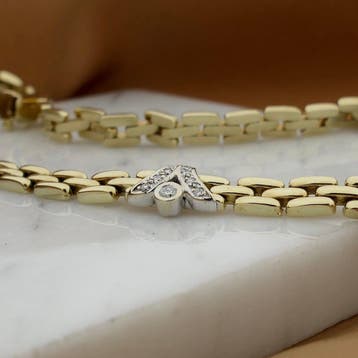 Gouden Bismarck schakelcollier met diamanten; 0,15 ct., Gebruikt, Ophalen of Verzenden, Met edelsteen, Goud