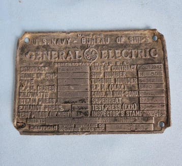 Originele U.S. Navy 1942 / General Electric turbineplaat -