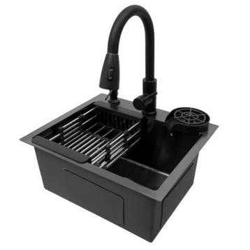 RVS Spoelbak 45x40 cm met Zwarte Uittrekbare Kraan, Huis en Inrichting, Verzenden, Nieuw