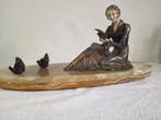 H. Molins - Beeld, Dame met vogels - 58 cm - Onyx, regule -, Antiek en Kunst