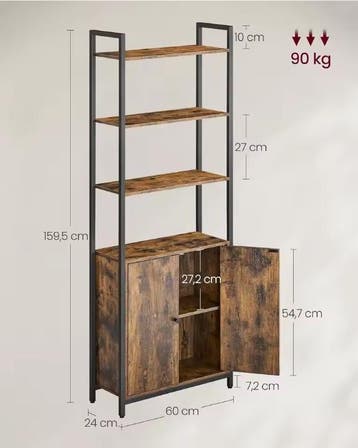 Boekenkast met Deuren – 6 Niveaus Hout en Staal Industrieel, Huis en Inrichting, Kasten | Boekenkasten, Verzenden, Nieuw