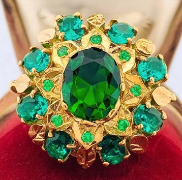 Zonder minimumprijs - Ring - 9 kt. Geel goud, Zilver Smaragd, Sieraden, Tassen en Uiterlijk, Nieuw