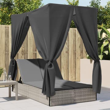 vidaXL Ligbed tweepersoons met dak en gordijn poly rattan, Tuin en Terras, Verzenden, Nieuw