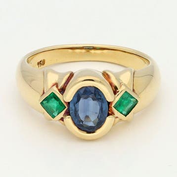 Ring - 18 karaat Geel goud - Saffier - Smaragd, Sieraden, Tassen en Uiterlijk, Ringen, Nieuw