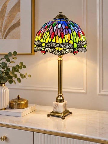 Style Tiffany - Lamp - Libel - 67 cm - Glas, Messing, Onyx