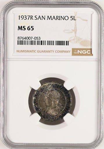 San Marino. 5 Lire Rome mint 1937. Certified by NGC as MS