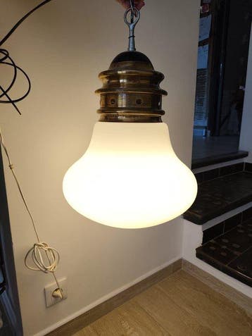 Plafondlamp - Opaline glas, Verguld messing - Vintage vering