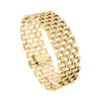 Gouden brede Bismarck schakelarmband, Ophalen of Verzenden, Gebruikt, Goud, Goud
