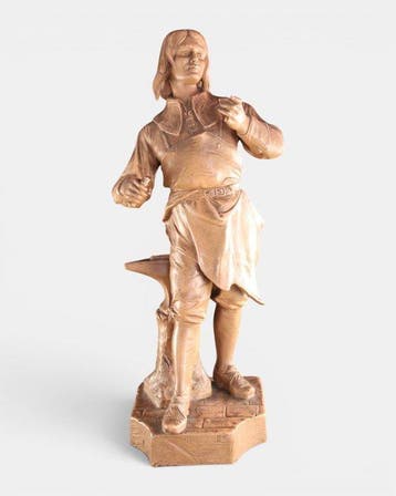 Groot antiek beeld - sculptuur, Smid bij aambeeld - 54 cm -, Antiek en Kunst